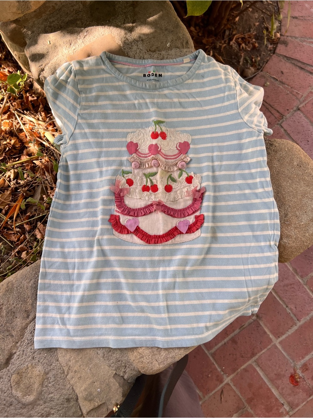 Boden Light Blue & White Striped Tee with Pink Cake Appliqué